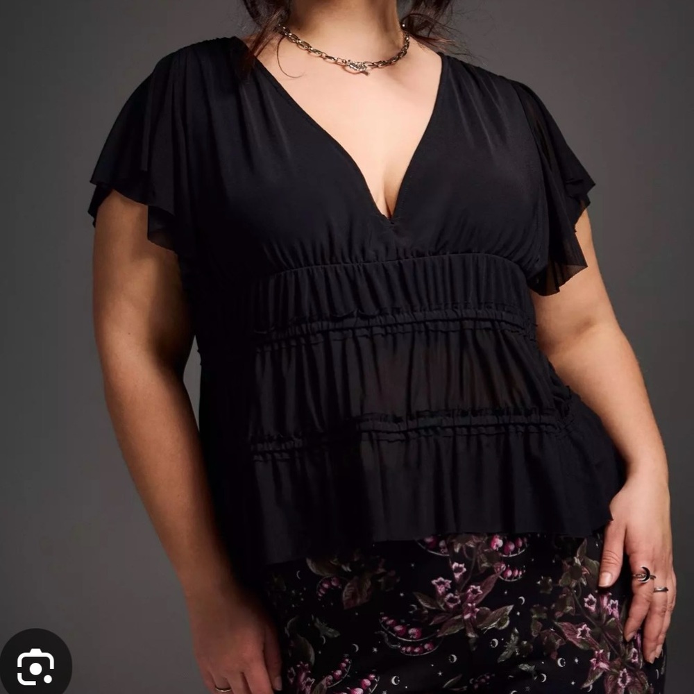 Torrid Black V-Neck Blouse Nightfall Mesh Peplum
